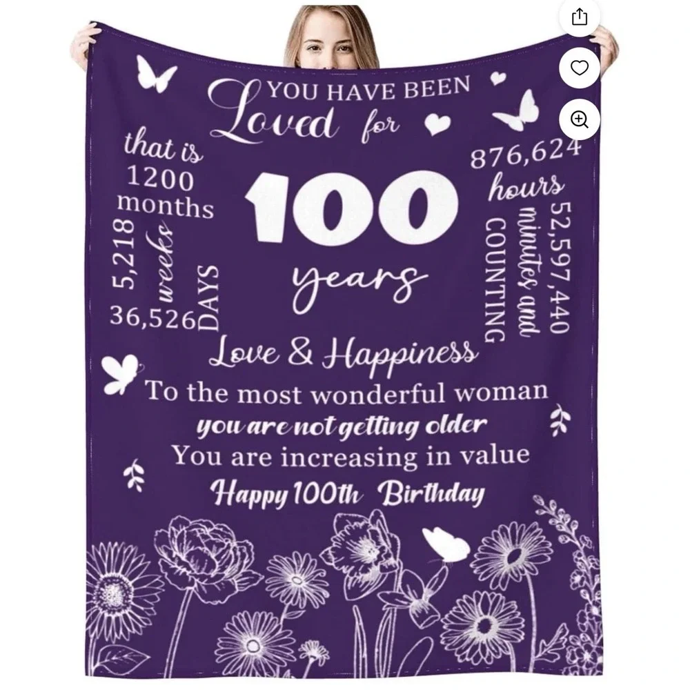100th Birthday Blanket, 50x60,‎ Gift, Women, Grandma, 100 Year Old, Decor